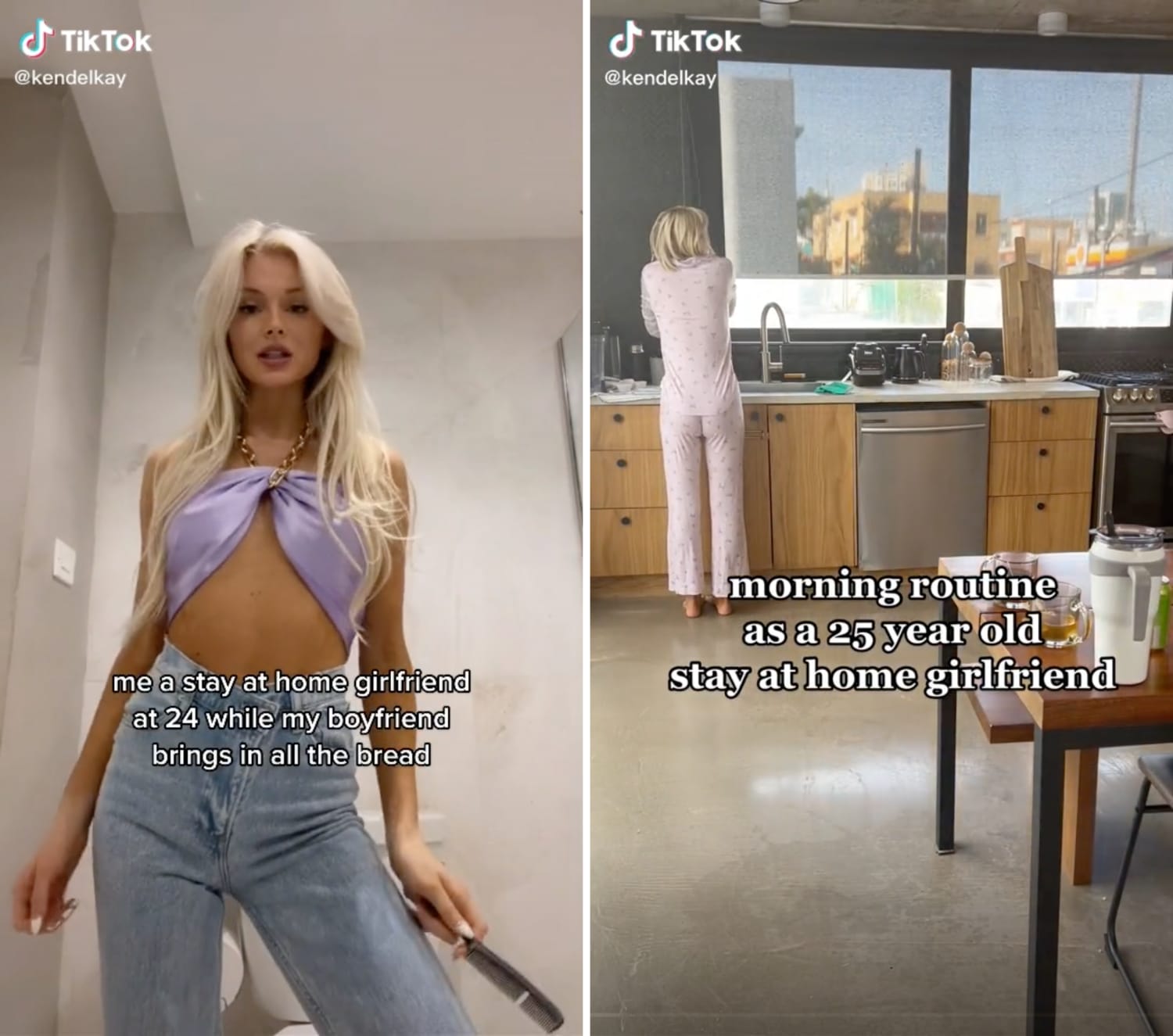 A TikTok video on being a "stay-at-home girlfriend" posted by influencer Kendel Kay on Aug 17, 2022 went viral with 8.4 million views and 13,500 comments. A TikTok video on being a "stay-at-home girlfriend" posted by influencer Kendel Kay on Aug 17, 2022 went viral with 8.4 million views and 13,500 comments.