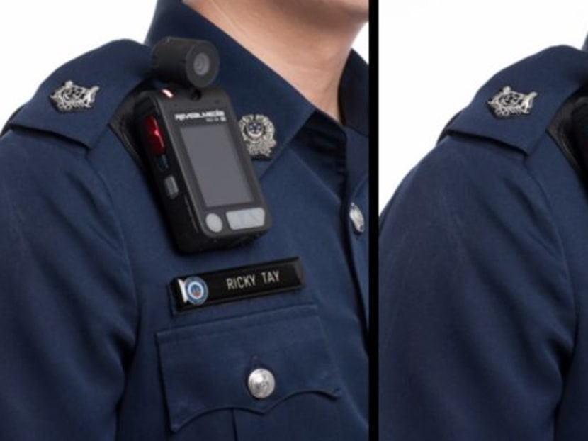 A police officer modelling a body-worn camera. Photo: Singapore Police Force