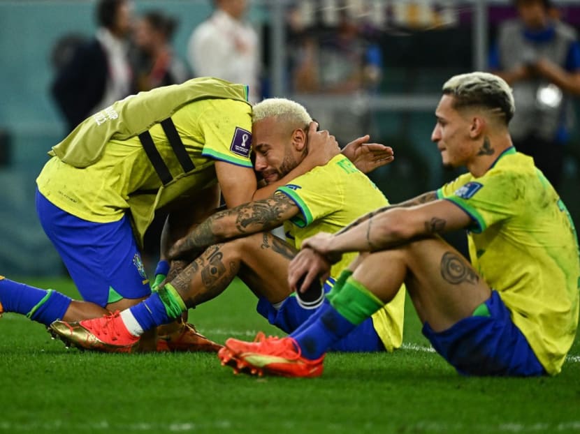 Brazil's forward Neymar (centre) crying after losing in the penalty shootout after extra-time of the Qatar 2022 World Cup quarter-final football match between Croatia and Brazil at Education City Stadium in Al-Rayyan, west of Doha, on Dec 9, 2022.