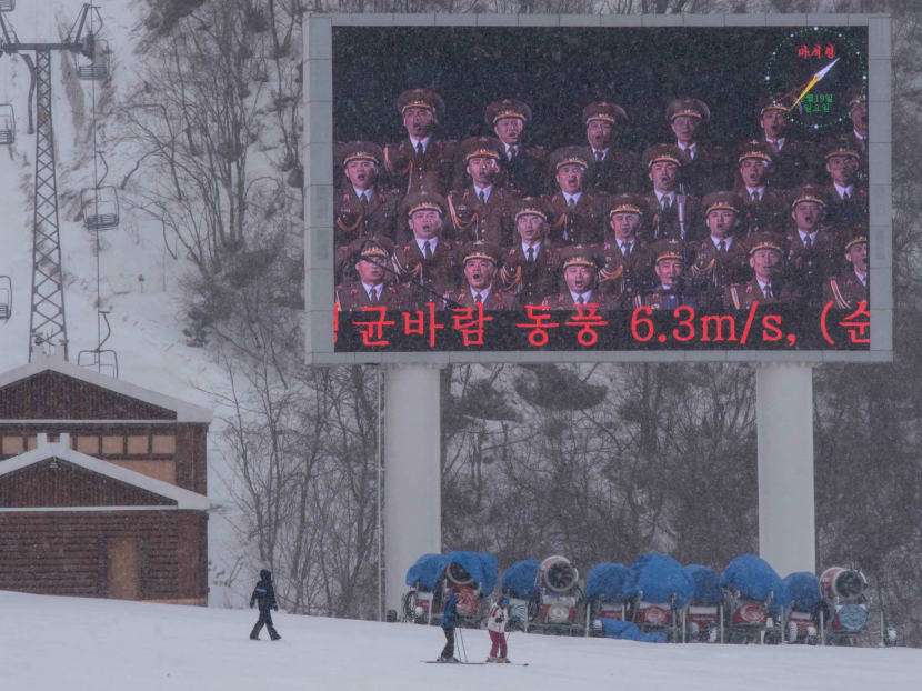 This photo taken on February 19, 2017 shows a giant screen on a slope of the Masikryong ski resort, near North Korea's east coast port city of Wonsan. Work began on Masikryong ski resort, the only one in the North and the brainchild of Supreme Leader Kim Jong-Un, after Pyeongchang in the neighbouring South was awarded the 2018 winter Olympics. Photo: AFP
