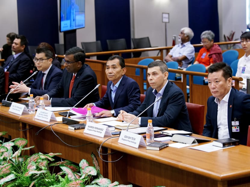 Editors of Singapore's media companies at the public hearings of the Select Committee on Deliberate Online Falsehoods. Photo: Ministry of Communications and Information