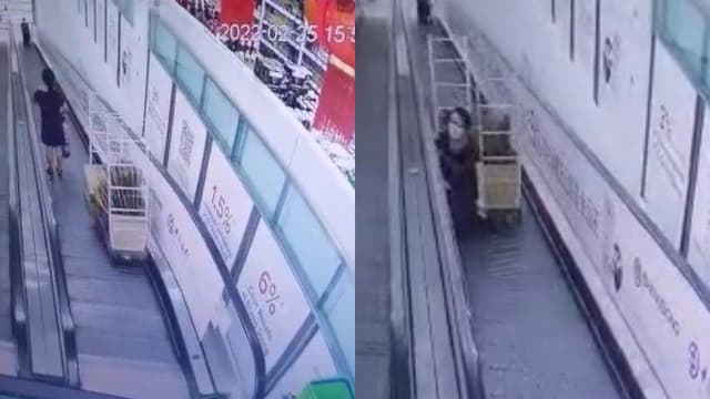 昇菘超市物流台车滑入自动人行道 五秒内撞倒两人