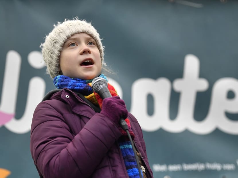 Swedish environmentalist Greta Thunberg speaks during a "Youth Strike 4 Climate" protest march in Brussels on March 6, 2020.