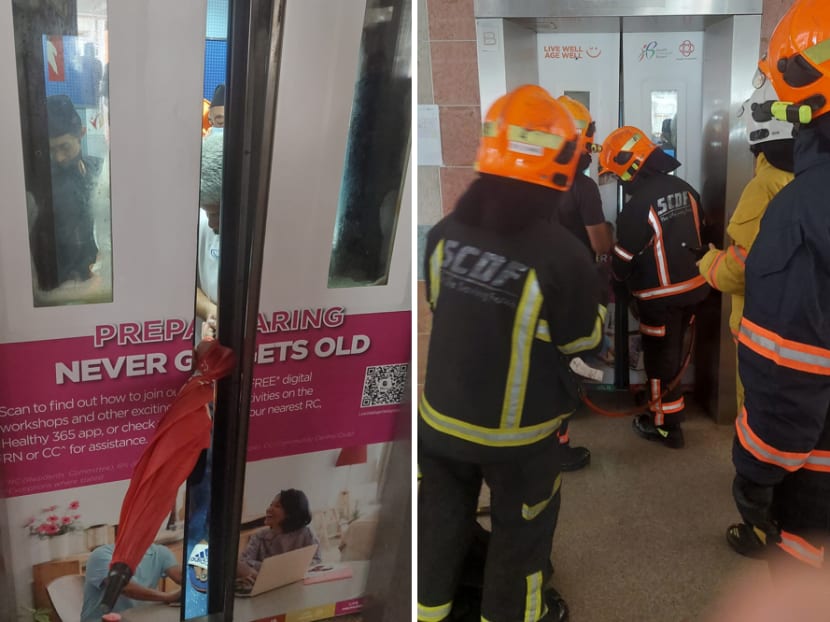 Screengrab from images attached to a Facebook post describing the incident where six people and a deceased person were reportedly trapped in a lift of a housing flat in Jurong West for 50 minutes. 