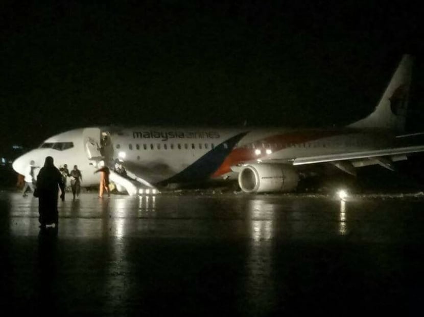 A Malaysia Airlines flight MH2718 skidded upon landing at the Sibu airport in Sarawak. Photo: Malay Mail Online