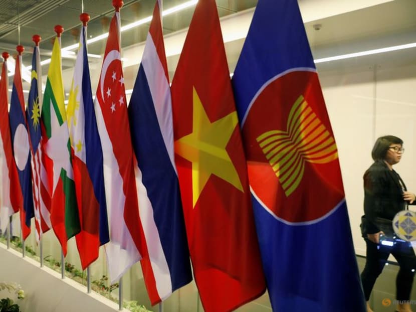 Asean Summit flags at Singapore's Suntec Convention Centre in 2018. 
