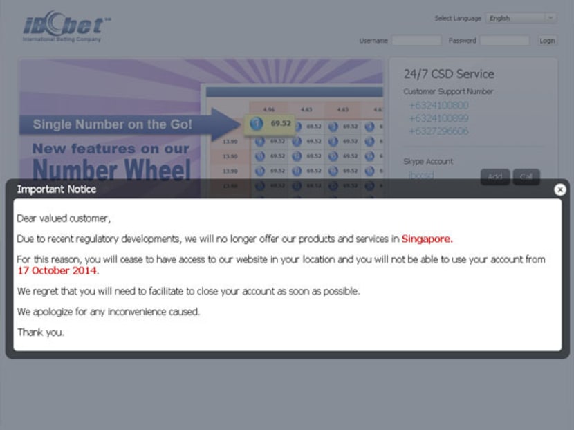 A screengrab of a pop-up message on iBCbet's homepage saying it will no longer offer its services to Singapore.