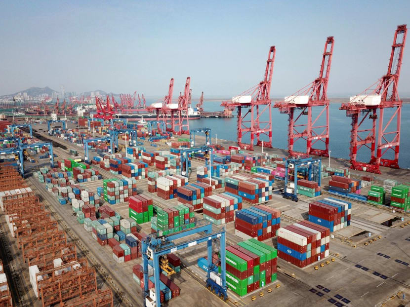 Shipping containers for export stacked at a port in Lianyungang, in China's eastern Jiangsu province on March 7, 2021.