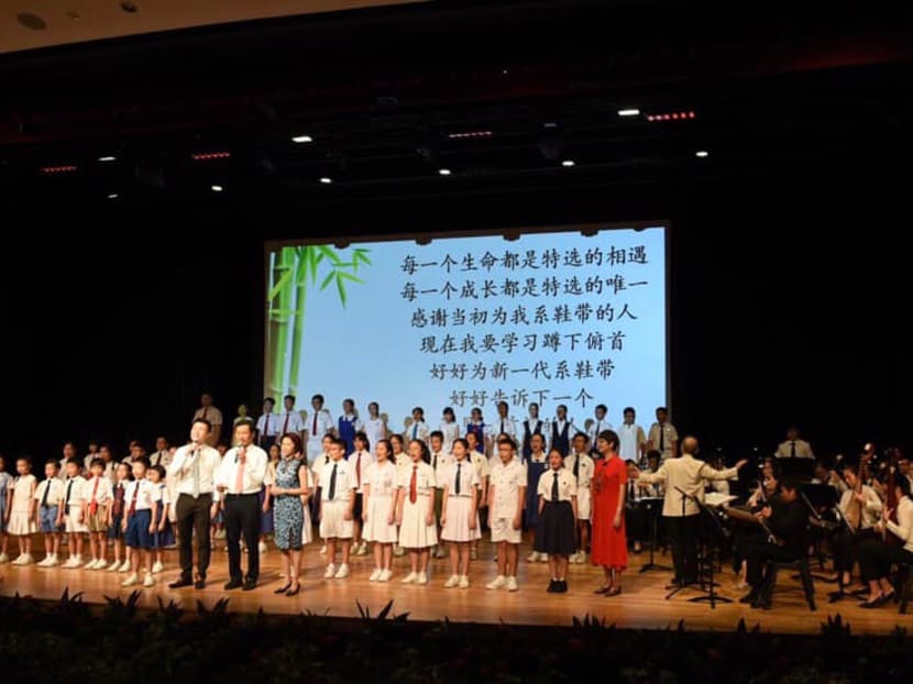 Education Minister Ong Ye Kung (front row, second from right) at the 40th anniversary of the Special Assistance Plan (SAP) programme. Mr Ong said that SAP schools are there to allow a core group of Singaporean Chinese to develop a deep understanding of Chinese culture and history.