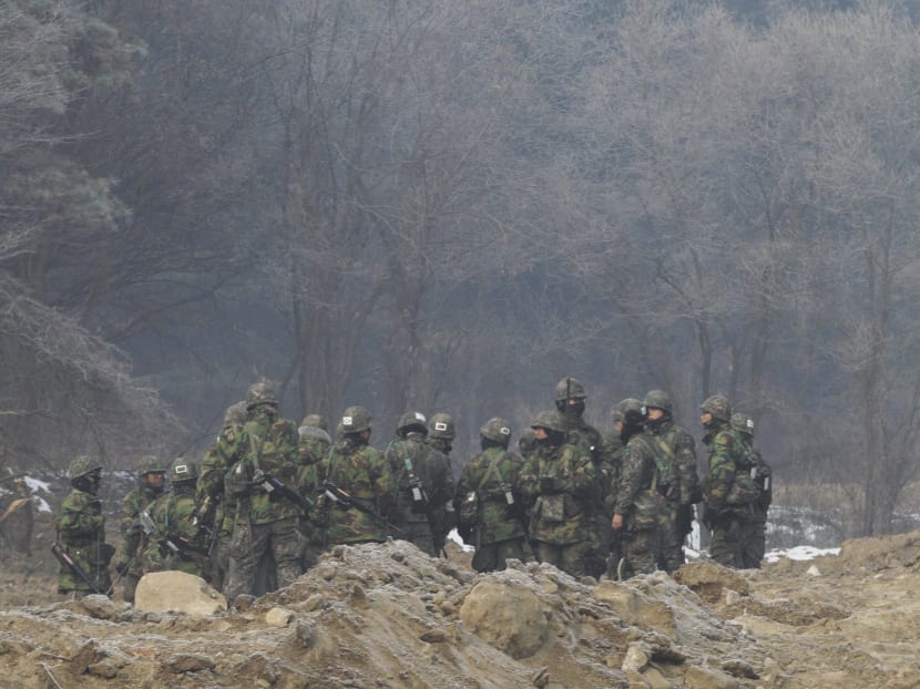 South Korean army soldiers gather during their military exercise in Paju. Photo: AP