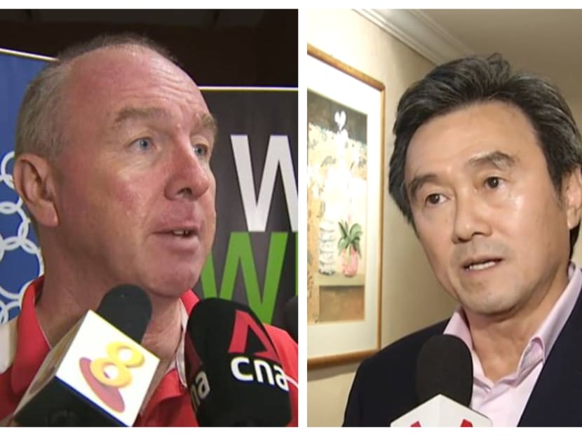 Mr Tang Weng Fei (right), Singapore Athletic Association's chief, responds to the stinging criticism of the infighting among the athletics fraternity here from Mr Richard Gordon (left) of the Singapore Sports Institute. Mr Tang Weng Fei (right), Singapore Athletic Association's chief, responds to the stinging criticism of the infighting among the athletics fraternity here from Mr Richard Gordon (left) of the Singapore Sports Institute.