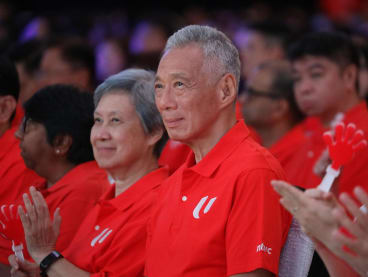Prime Minister Lee Hsien Loong and his wife Ho Ching at the May Day Rally on May 1, 2024. 