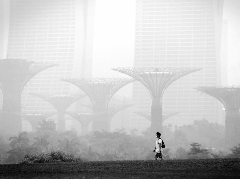 A man walks at Marina Barrage during a hazy day on Sept 24, 2015. TODAY file photo