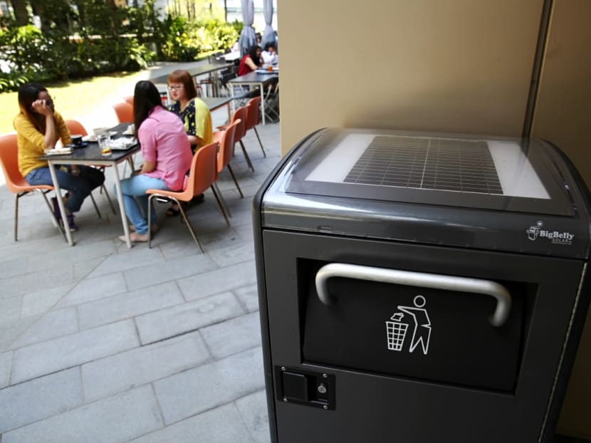 Smart solar-powered bins at various locations in Biopolis. Photo: Nuria Ling/TODAY