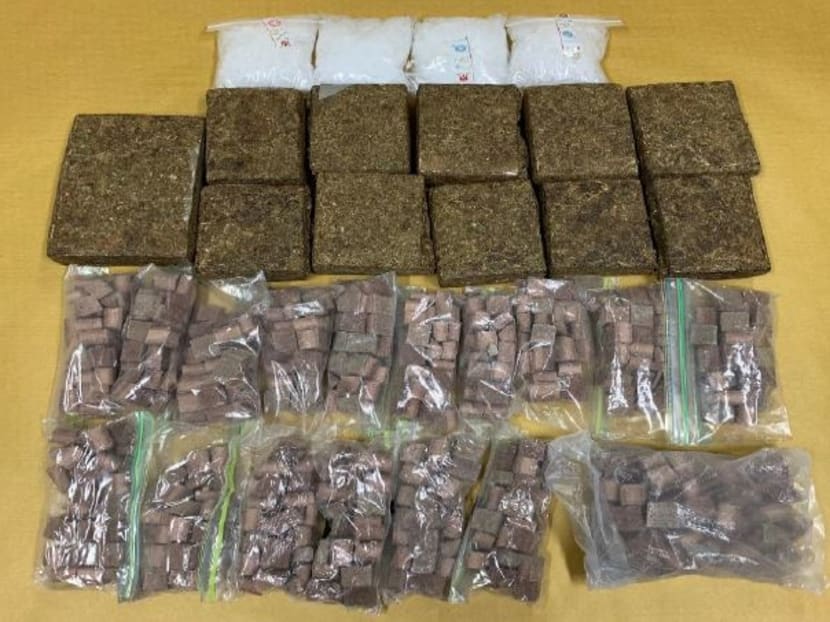 Bundles of cannabis, heroin and "Ice" seized at the Woodlands Checkpoint on Oct 29, 2018.