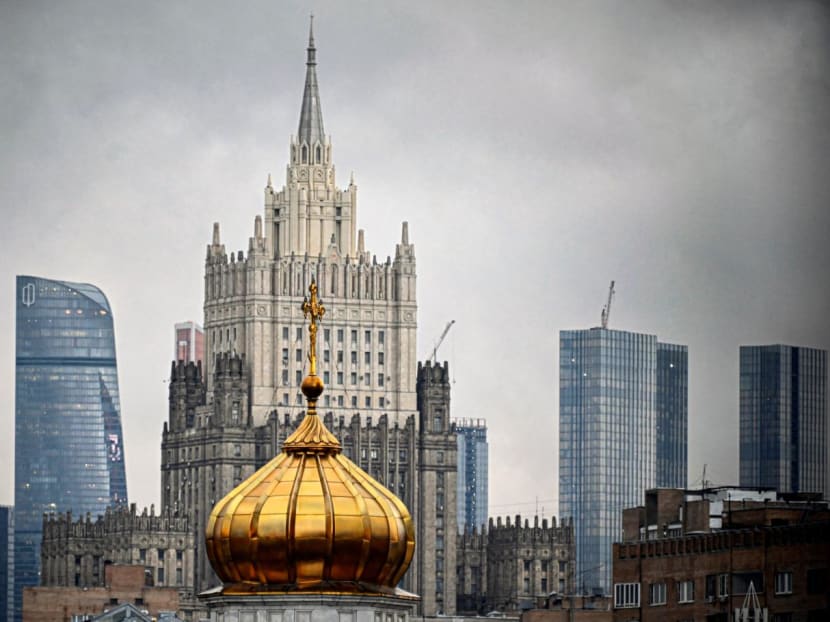 This photograph shows the Russian Foreign Ministry building and Moscow's International Business Centre (Moskva City) behind the dome of a church in central Moscow on Oct 18, 2022.
This photograph shows the Russian Foreign Ministry building and Moscow's International Business Centre (Moskva City) behind the dome of a church in central Moscow on Oct 18, 2022.