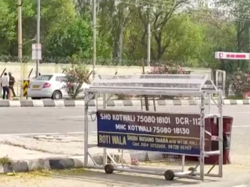 Barricades are set up outside Bathinda Military Station, following a "firing incident" at the station that killed four people, in Bhatinda, Punjab, India, on April 12, 2023 in this screengrab taken from a handout video. 