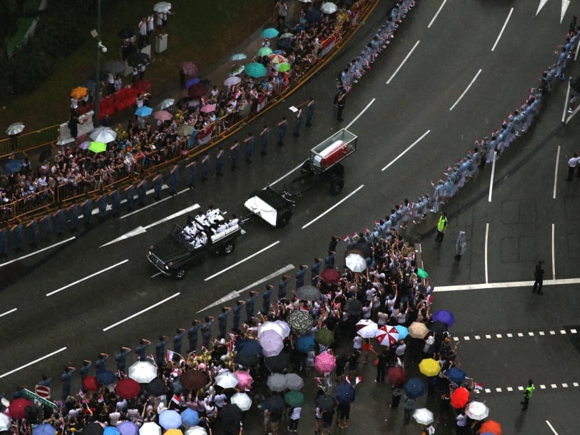 More than 100,000 people turned up to say goodbye to the late Mr Lee Kuan Yew's State Funeral Procession. In this photo, Mr Lee's cortege is at Padang on 29 March 2015, as seen from Swissotel The Stamford. Photo: Wee Teck Hian/TODAY