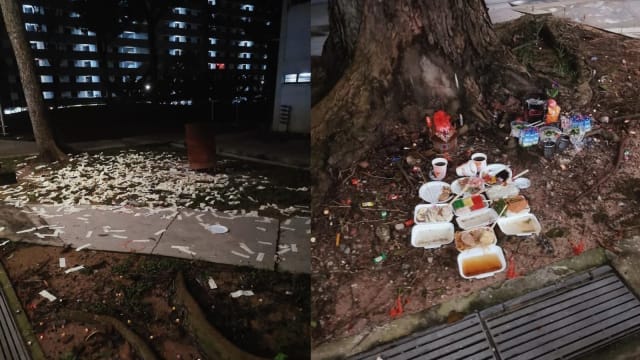 组屋外尽是纸钱祭品 网民：辛苦清洁工