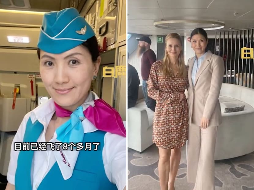 A 50-year-old flight attendant (left) self-studied English and Finnish to land a job in a foreign company (right) due to hiring restrictions based on age in mainland China. 