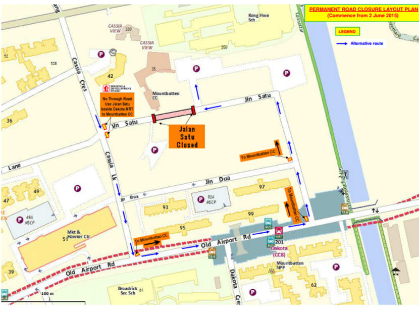 of Jalan Satu between Cassia Link and Mountbatten Community Centre (CC) will be permanently closed. Graphic: HDB