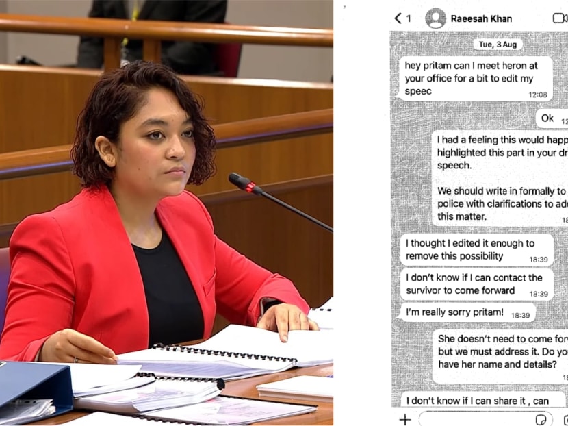Ms Raeesah Khan (left) testifying at a Committee of Privileges hearing and a screenshot of the WhatsApp messages (right) she exchanged with Workers' Party chief Pritam Singh.