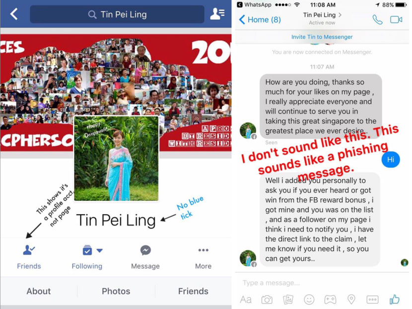 Ms Tin Pei Ling said she was alerted to a fake profile in her name on Thursday, which had sent friend requests to some of her Facebook friends and fans. Photo: Facebook/Tin Pei Ling