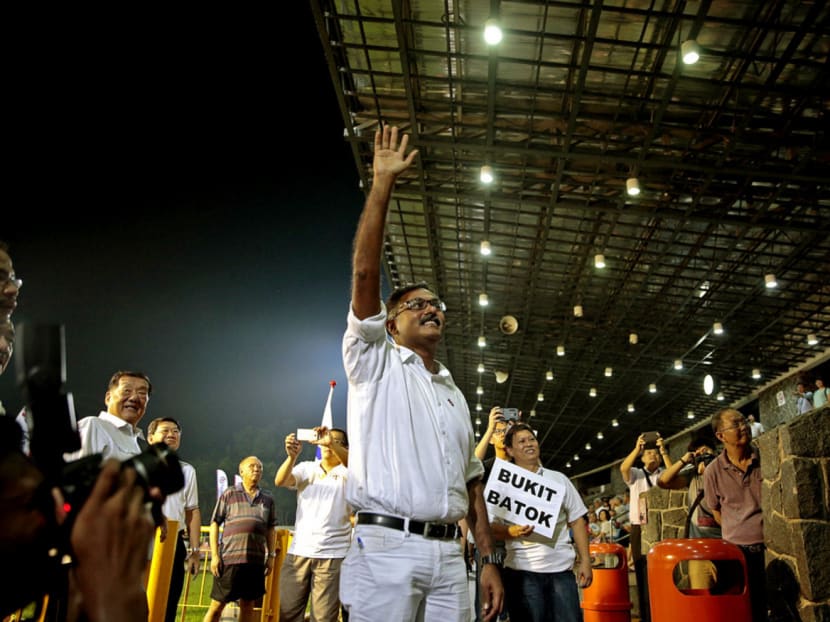 Mr Murali Pillai, the PAP candidate for the by-election, paid homage to the three ‘giants’ who shaped his entry into politics — among them the late Dr Ong Chit  Chung. Photo: Jason Quah