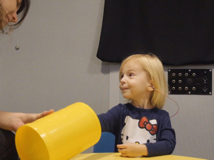 In this images from video provided by University of North Carolina at Chapel Hill, a toddler participates in a speech perception experiment in a laboratory at the University of North Carolina in Chapel Hill, N.C.. The toddler was conditioned to put a block in the bucket whenever she heard the “target” word. Photo: AP