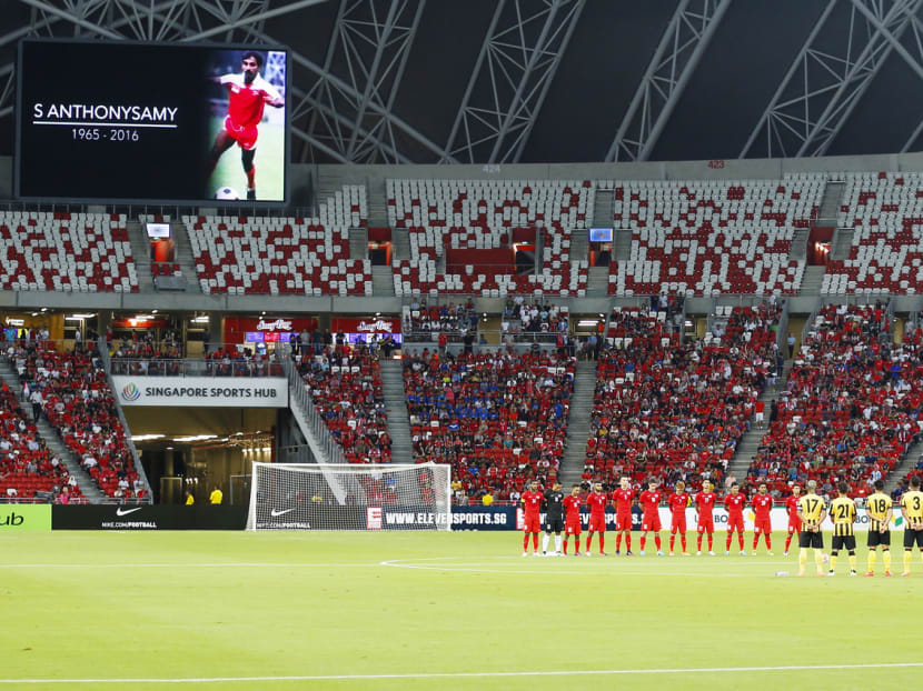 A minute’s silence was held for Anthonysamy yesterday at the National Stadium. Photo: Ernest Chua