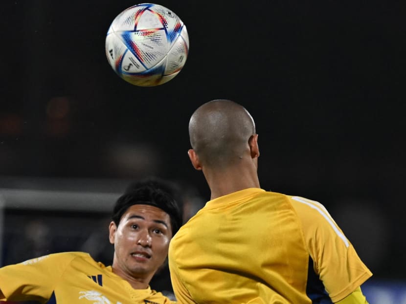 Japan's midfielder Takumi Minamino (left) and Japan's forward Daizen Maeda attend a training session at the Al Sadd SC training grounds in Doha on Nov 28, 2022, during the Qatar 2022 World Cup football tournament.
