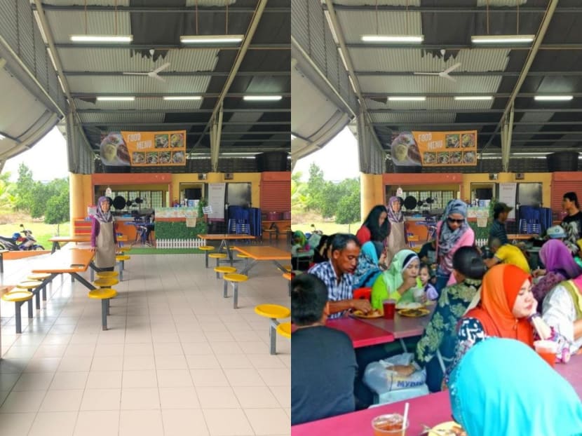 Saliza Ita (pictured left) put up a request for Facebook users to edit customers into a photo of her deserted stall. On the right is a doctored photo of customers superimposed on her original picture.