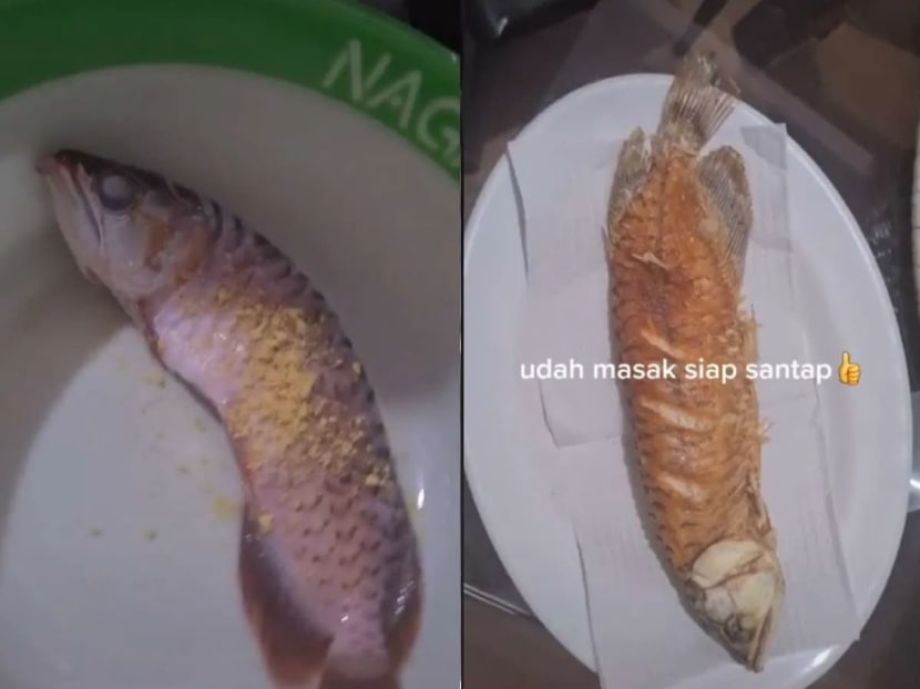 The woman, known as miakurniawan01 on TikTok, shared a 20-second clip of her removing the scales from the Arowana and deep-frying it.