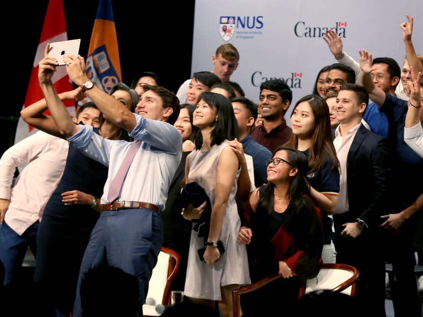 Photo of the day: Prime Minister of Canada Justin Trudeau taking a wefie with National University of Singapore students after a dialogue session — “Canada and Asia in a Changing World” — at the University Cultural Centre Theatre on Thursday, November 15, 2018.