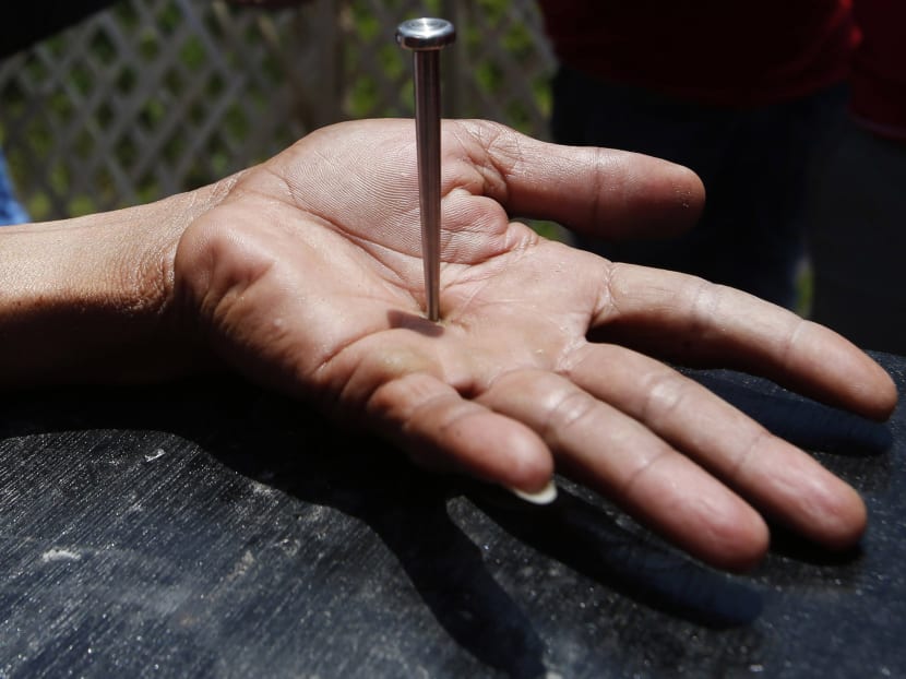 A five-inch stainless nail pierces through a penitent's palm during a Good Friday ritual of the crucifixion of Jesus Christ in San Fernando, Pampanga in northern Philippines April 18, 2014.  Photo: Reuters