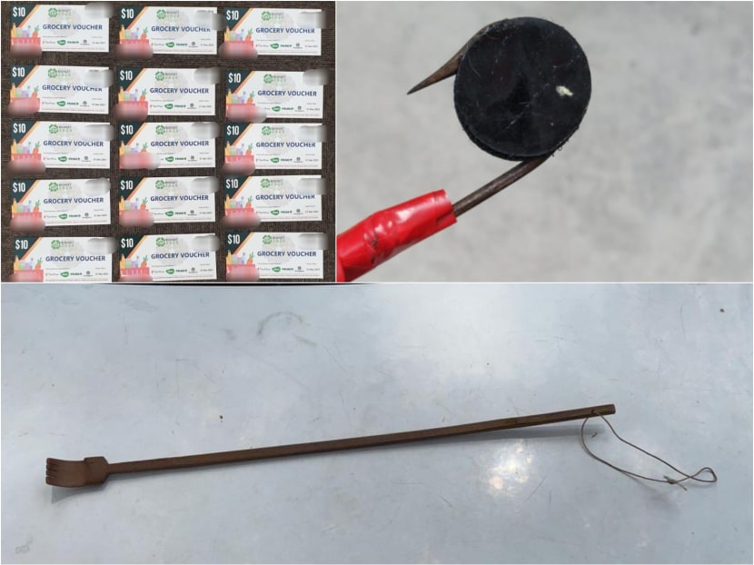 Top right and bottom: The improvised tools that the police seized from suspects, believed to have been used when stealing grocery vouchers (top left) from letterboxes.