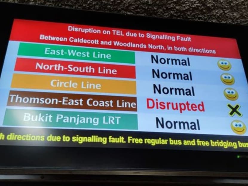 A screen informing commuters of the disruption along the Thomson-East Coast line.