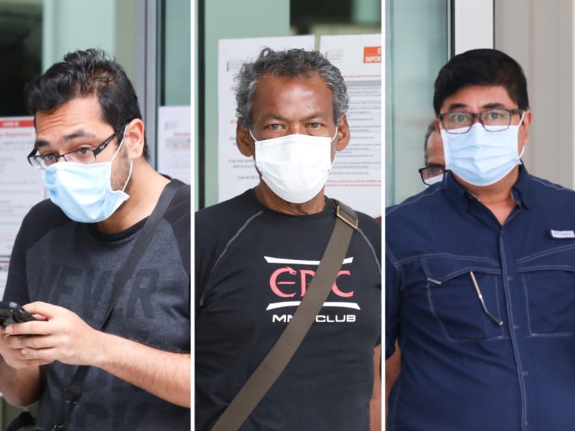 From left: Quresh Singh Sandhu, Azhar Khamis and Zahari Samat were charged with breaching their two-week stay-home notices in court on May 13, 2020.
