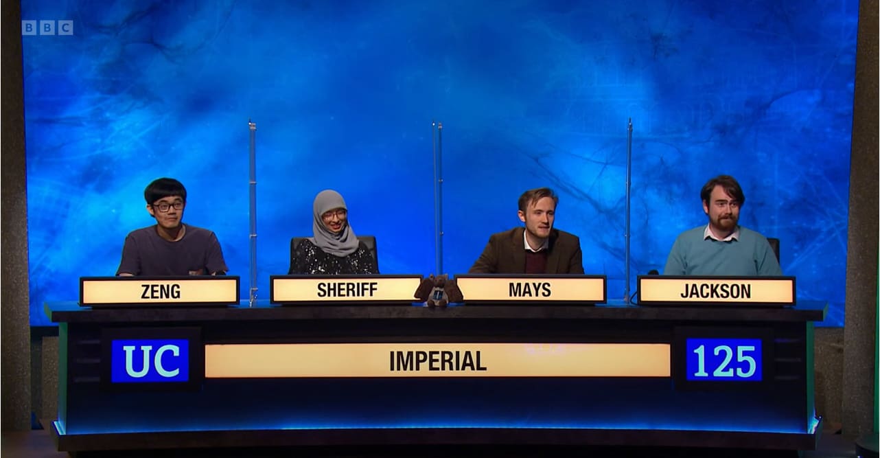 Mr Maximilian Zeng (far left) with his team from Imperial College London, at the finals of the University Challenge aired by broadcaster BBC on April 4, 2022 in Britain. Mr Maximilian Zeng (far left) with his team from Imperial College London, at the finals of the University Challenge aired by broadcaster BBC on April 4, 2022 in Britain.