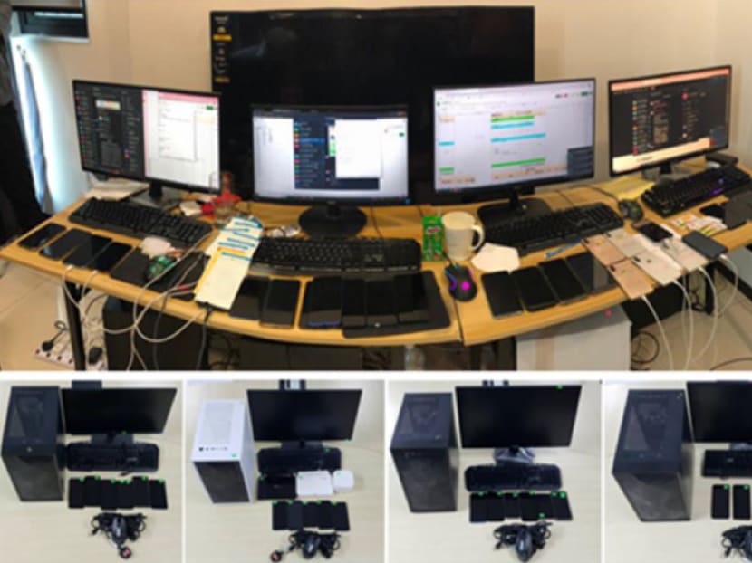 Computers that were seized as case exhibits during the joint operation by the Commercial Affairs Department and Malaysia's Commercial Crime Investigation Department. Computers that were seized as case exhibits during the joint operation by the Commercial Affairs Department and Malaysia's Commercial Crime Investigation Department.