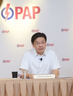 The People's Action Party's Lawrence Wong speaking to party activists at the party's headquarters in Bedok in July 2020.