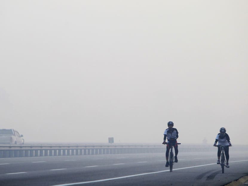 Cyclists ride on a highway amid heavy haze in Bandar Saujana Putra, outside Kuala Lumpur, Malaysia, Saturday, March 1, 2014.  Photo: AP