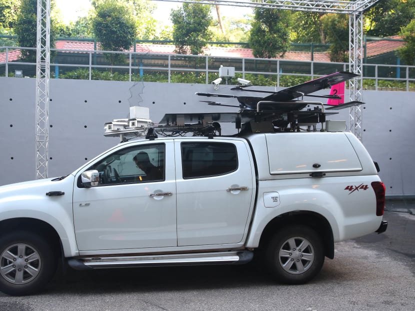 DSO's Unmanned Ground Vehicle (UGV) with the Unmanned Aerial Vehicle (UAV) mounted on it. Photo: Wee Teck Hian.