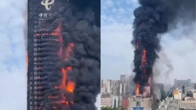 湖南长沙电信大楼起火 数十层楼体烧成“火柱”