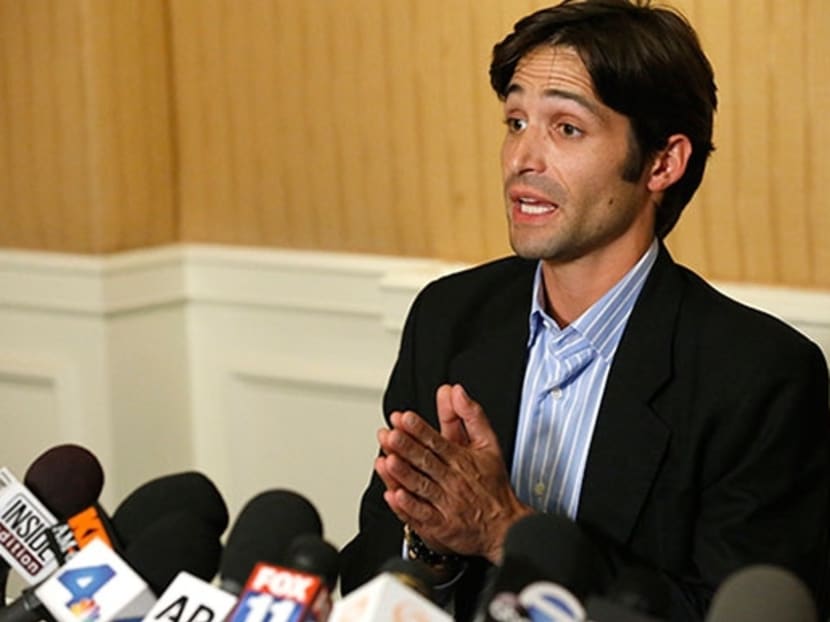Plaintiff Michael Egan speaks at a news conference at the Four Seasons Hotel in Los Angeles, California, on April 17, 2014. Photo: Reuters