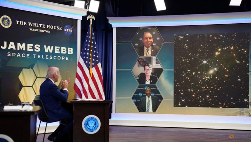 Biden unveils Webb space telescope's first full-color image of distant galaxies Biden unveils Webb space telescope's first full-color image of distant galaxies