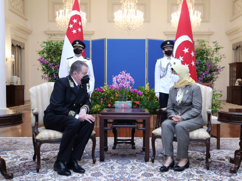 Russia's Ambassador to Singapore Nikolay Kudashev speaks with President Halimah Yacob after he presented his credentials to her on April 19, 2022 at the Istana. Russia's Ambassador to Singapore Nikolay Kudashev speaks with President Halimah Yacob after he presented his credentials to her on April 19, 2022 at the Istana.