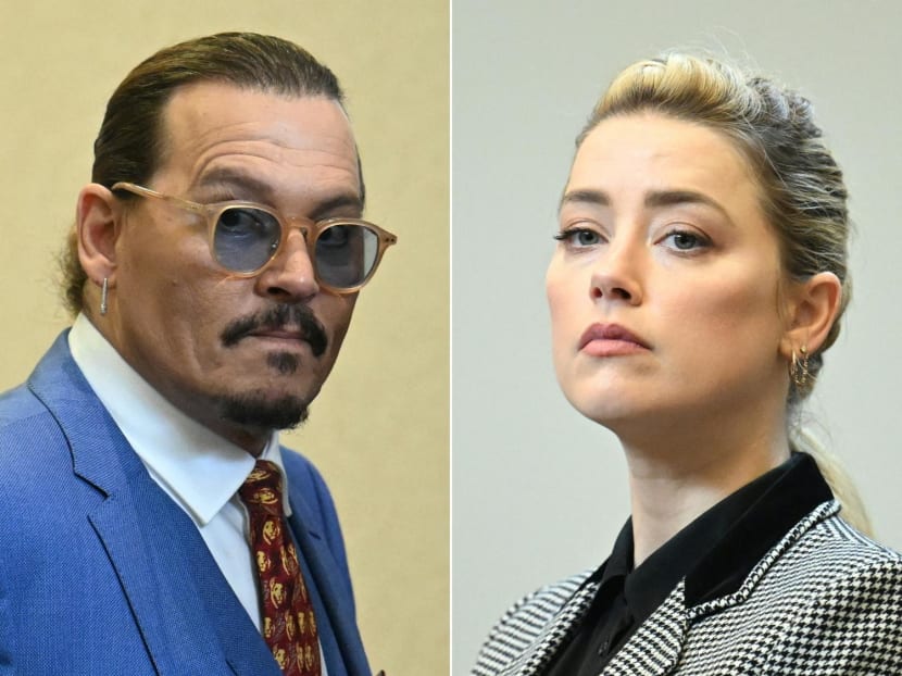 US Actor Johnny Depp (left) attending the trial at the Fairfax County Circuit Courthouse in Fairfax, Virginia and US actress Amber Heard looking on in the courtroom on May 24, 2022.
