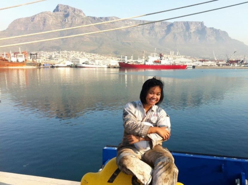 The author at Cape Town, South Africa, in June 2012 after she started sailing as a cadet engineer on a container ship upon graduating from polytechnic. The author at Cape Town, South Africa, in June 2012 after she started sailing as a cadet engineer on a container ship upon graduating from polytechnic.