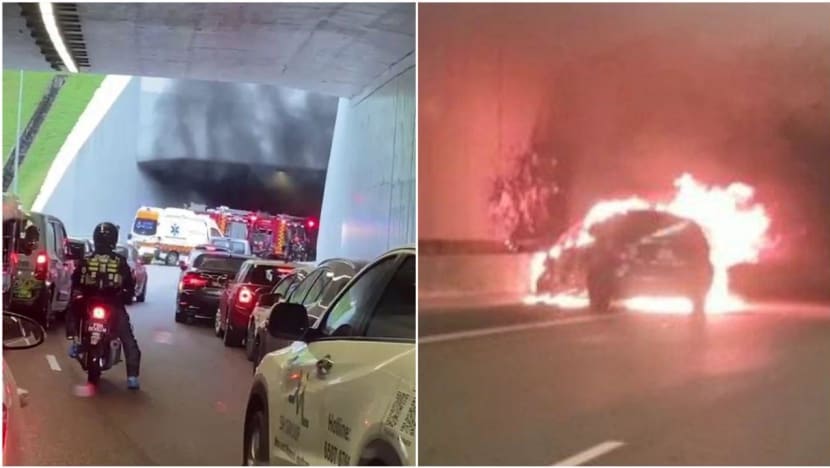 Driver rescued by 2 people before crashed car burst into flames in underpass along SLE Driver rescued by 2 people before crashed car burst into flames in underpass along SLE